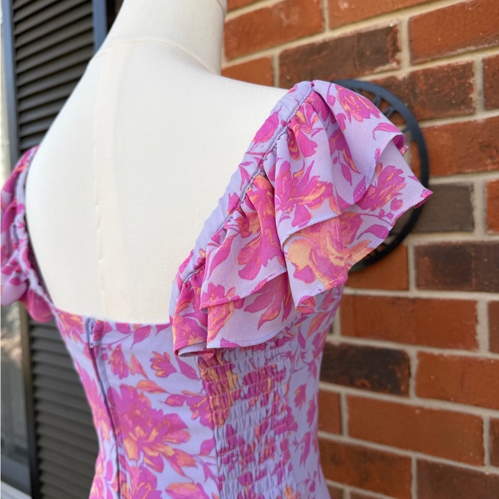 Floral Ruffle Mini Sundress in Lavender and Pink With Neck Scarf Or Waist Belt - Picture 4 of 4